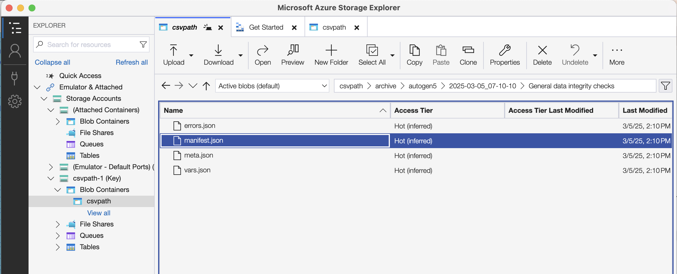 A screenshot of the Azure Storage Explorer app showing CsvPath Framework CSV and JSON files
