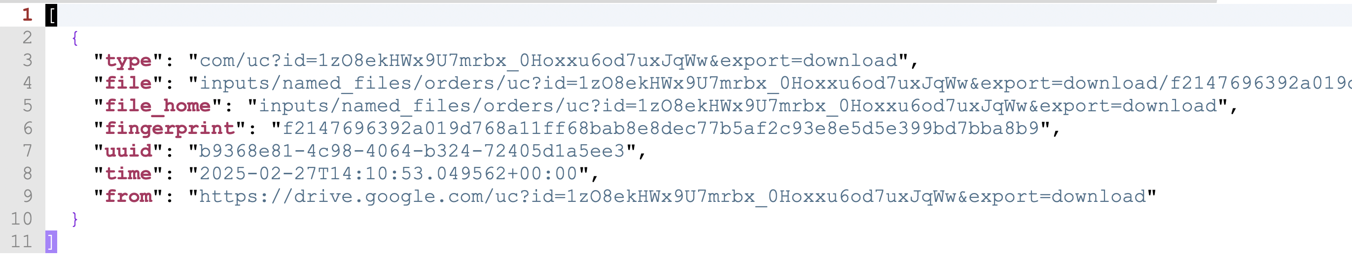 The named-file manifest for a new item of CSV content.
