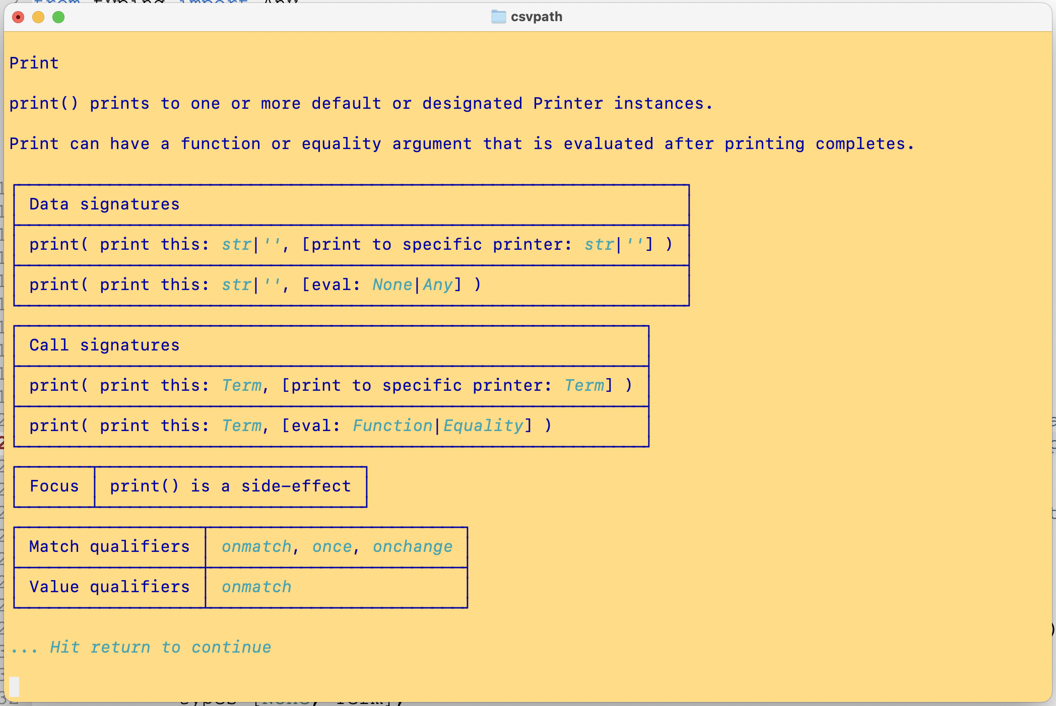A function definition giving call signature, qualifiers, a description of what the function does, etc.