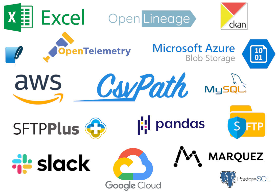 Logos of the many popular DataOps tools that are integrated with CsvPath Framework: aws s3, azure, slack, Excel, opentelemetry, sftp, ckan, pandas, openlineage, and more